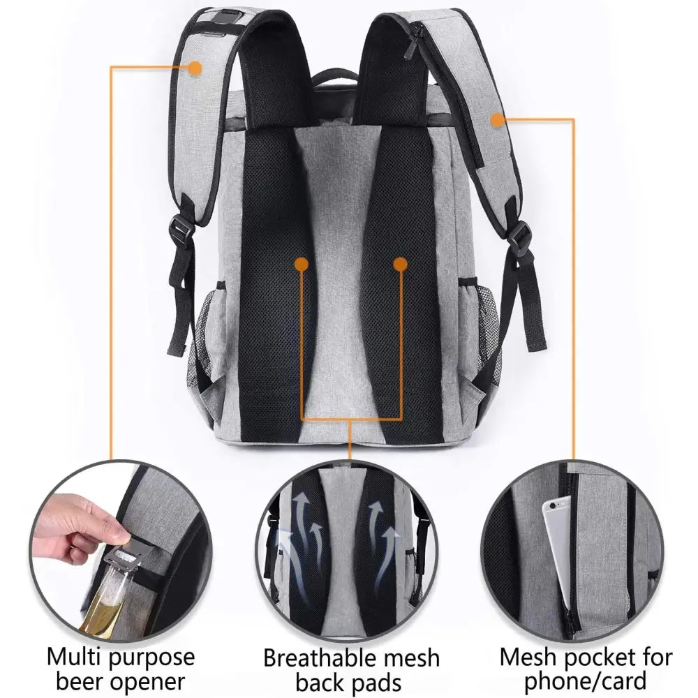 Gray backpack with breathable mesh back pads.