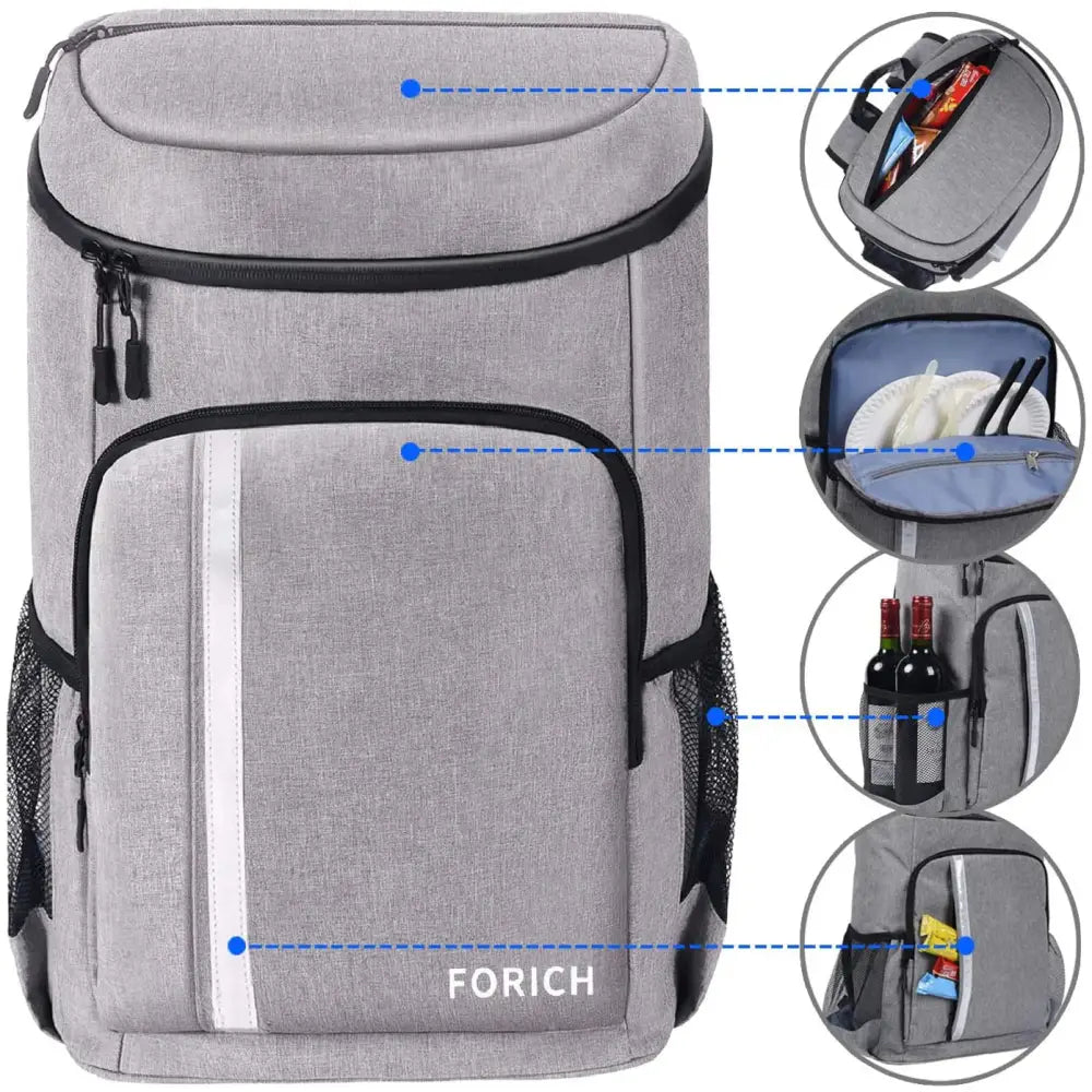 Gray insulated cooler backpack.