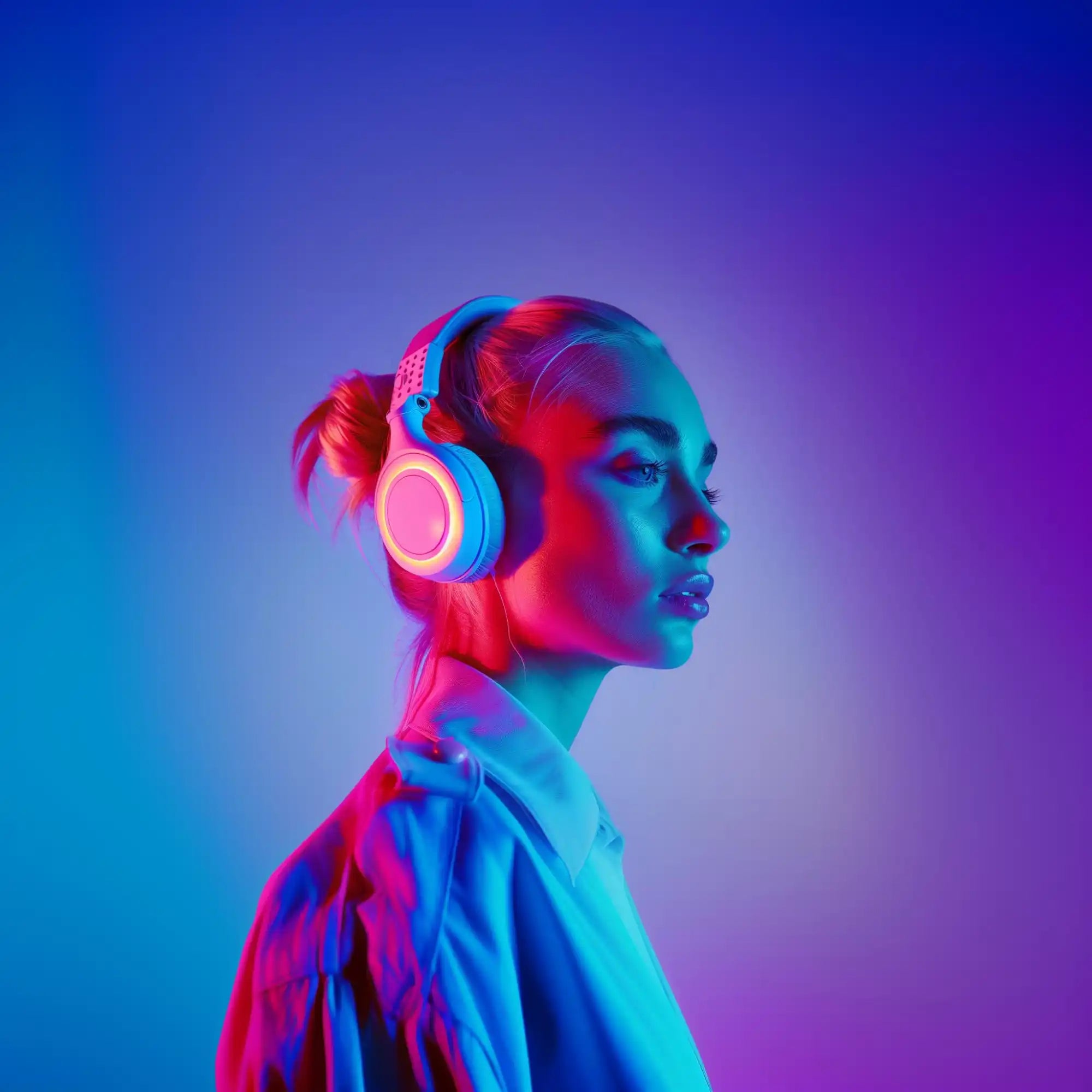 Neon-lit headphones on a woman.