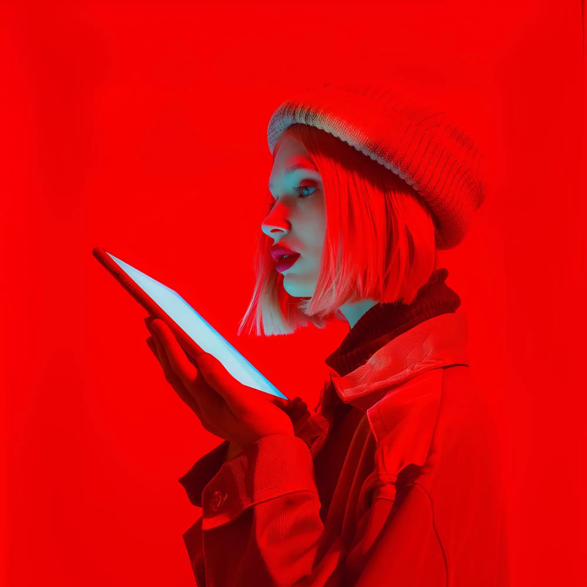 Woman holding glowing tablet.