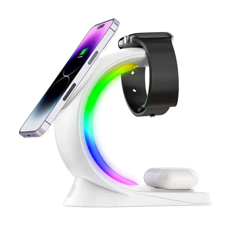 Wireless charging station with phone, watch, and earbud charging.