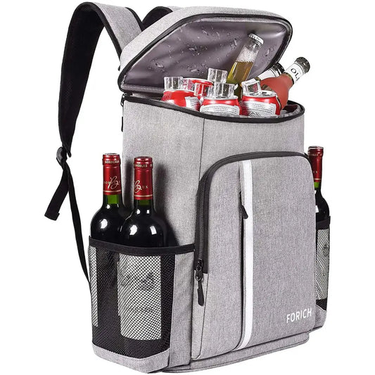 Gray insulated backpack cooler.