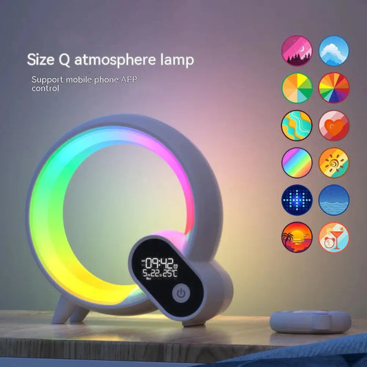 Rainbow-colored, ring-shaped atmosphere lamp with digital display.