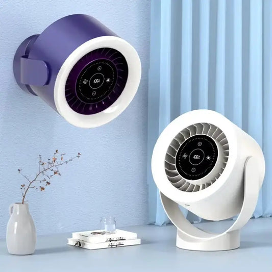 Modern, cylindrical, wall-mounted and tabletop fans.