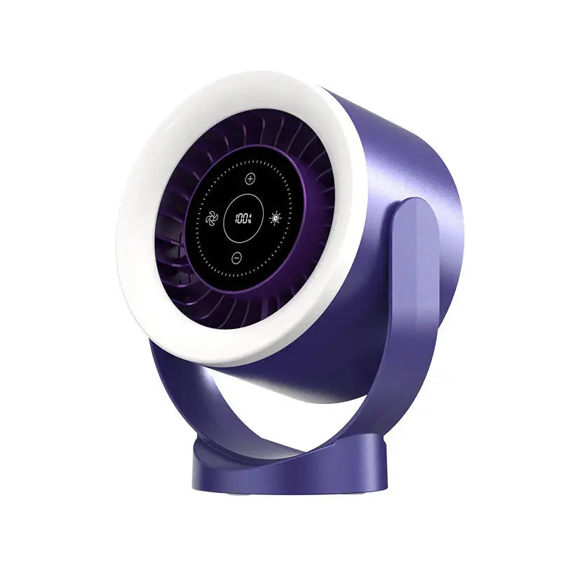 Purple and white cylindrical fan with digital display.