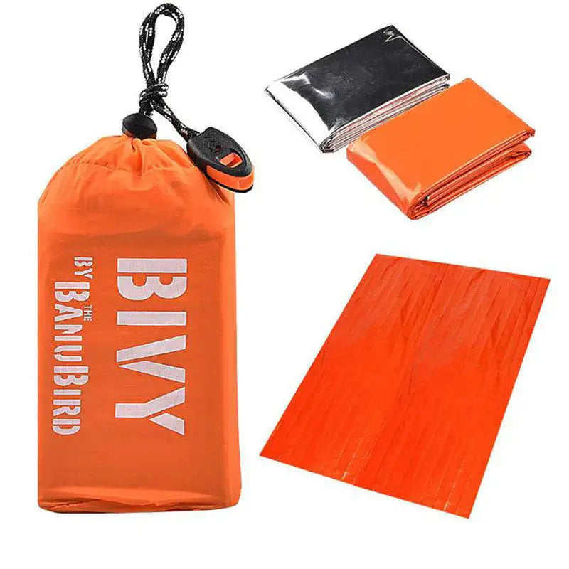 Emergency sleeping bag and blankets.