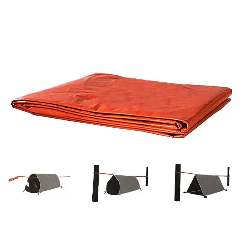 Orange emergency blanket and shelter configurations.
