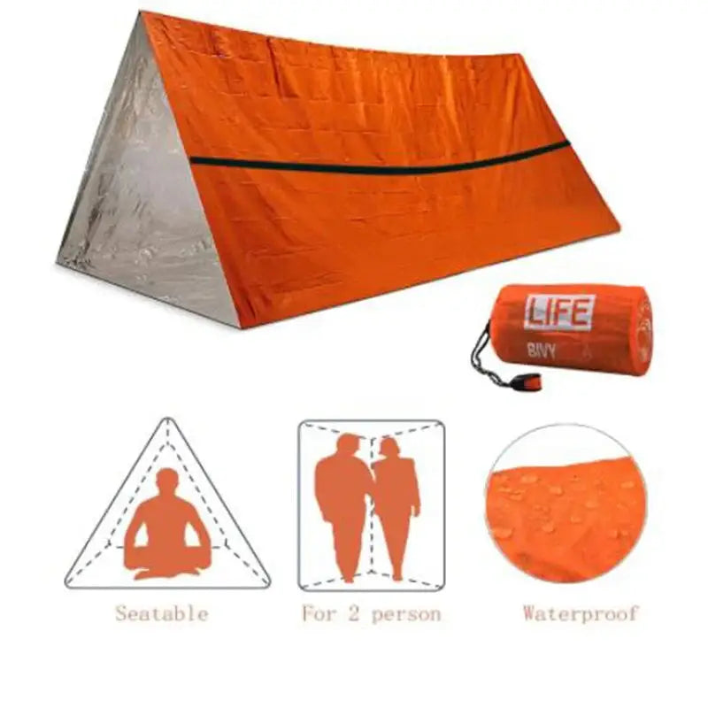 Orange emergency tent with waterproof features.