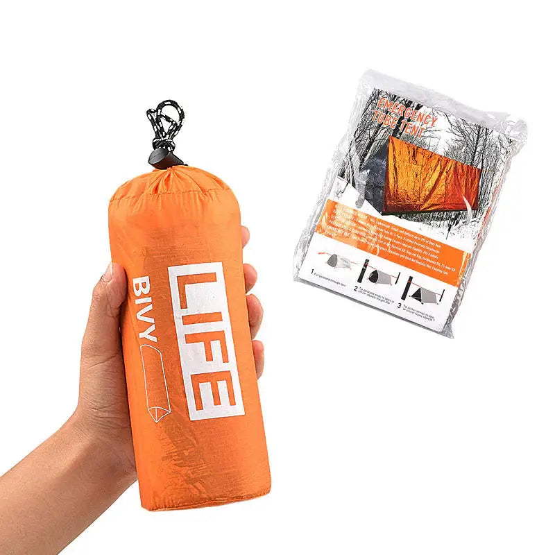 Orange emergency bivy sack.