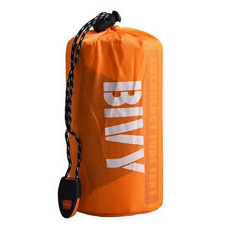 Orange stuff sack with drawstring.