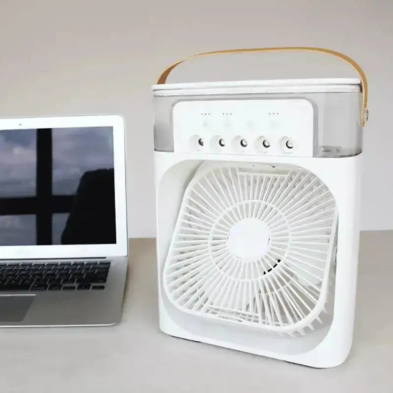 White portable air cooler with water tank.