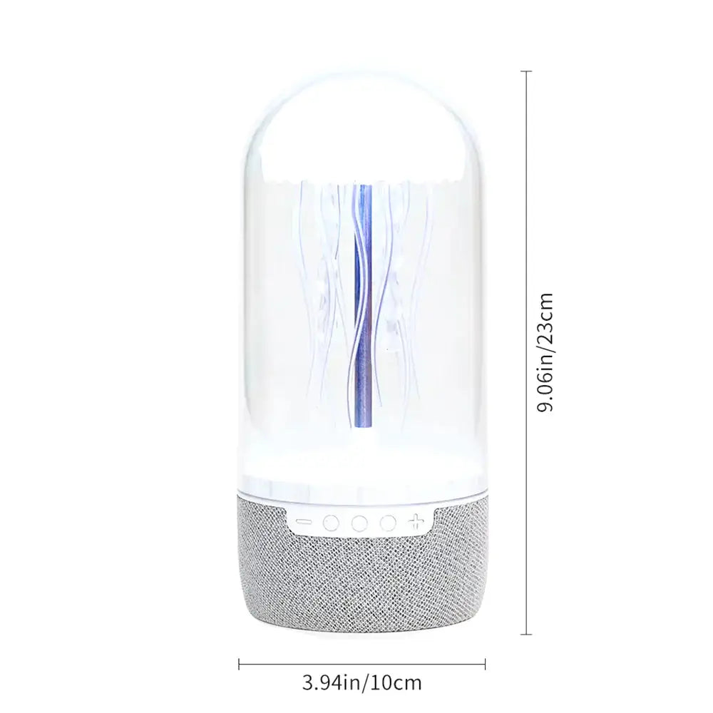 Gray fabric base with clear dome lamp.