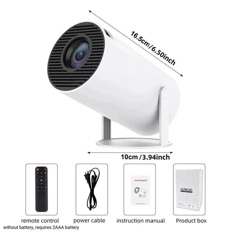 White cylindrical projector with accessories.