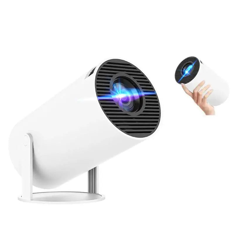 White cylindrical projector with lens.