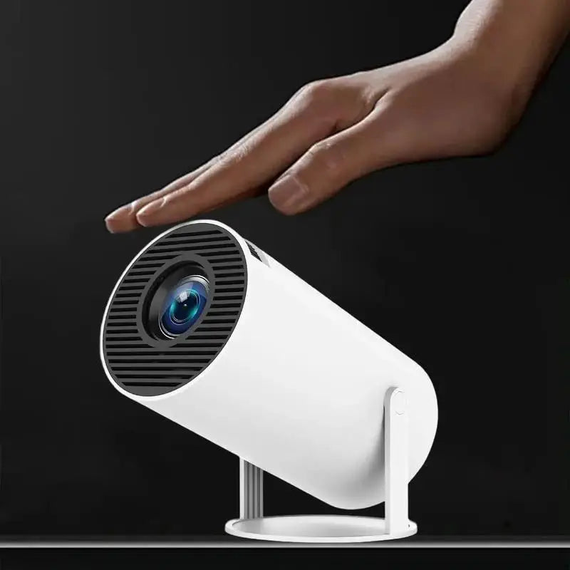 White cylindrical projector with lens and stand.